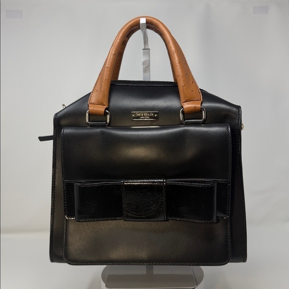 Kate Spade Bow Bridge Kennedy Satchel Black Leather Ostrich Trim Crossbody Bag - Picture 6 of 11